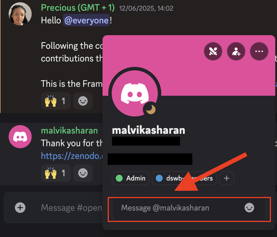 Screenshot image displaying how to send a message on Discord