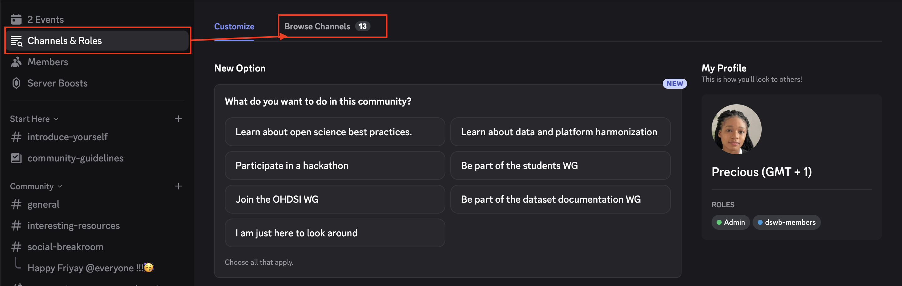 Screenshot image displaying how to find channels on Discord - Step 1.