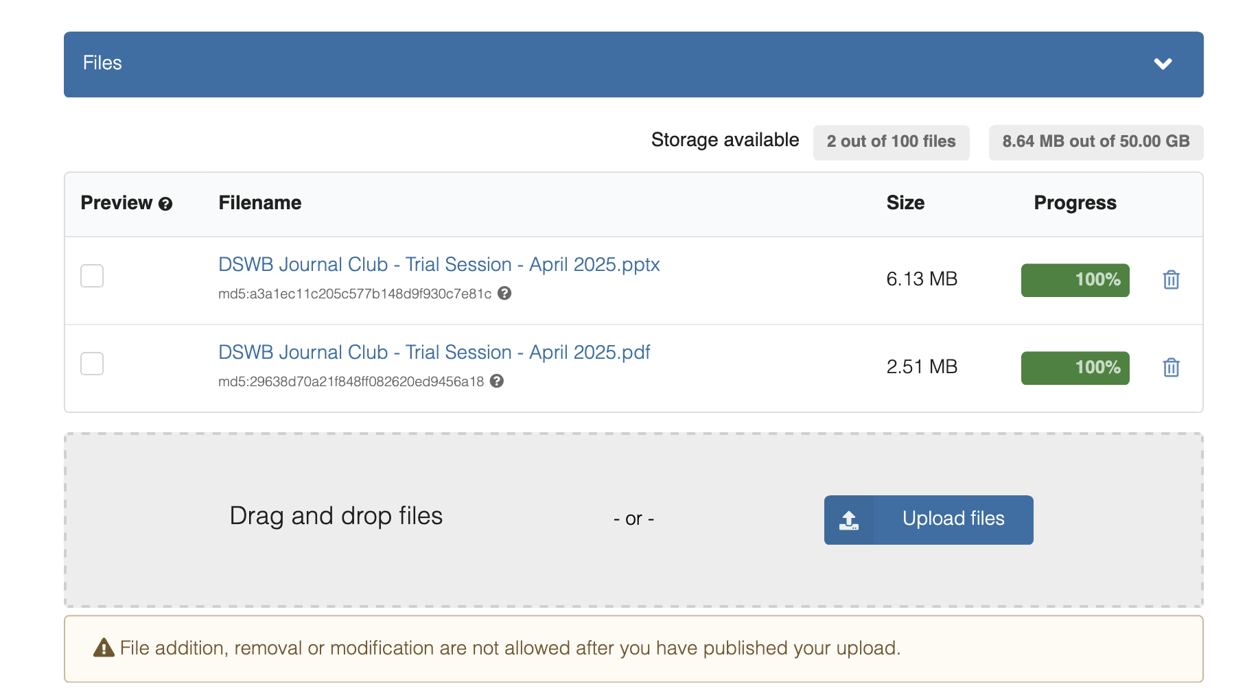 Zenodo screenshot for where files are uploaded
