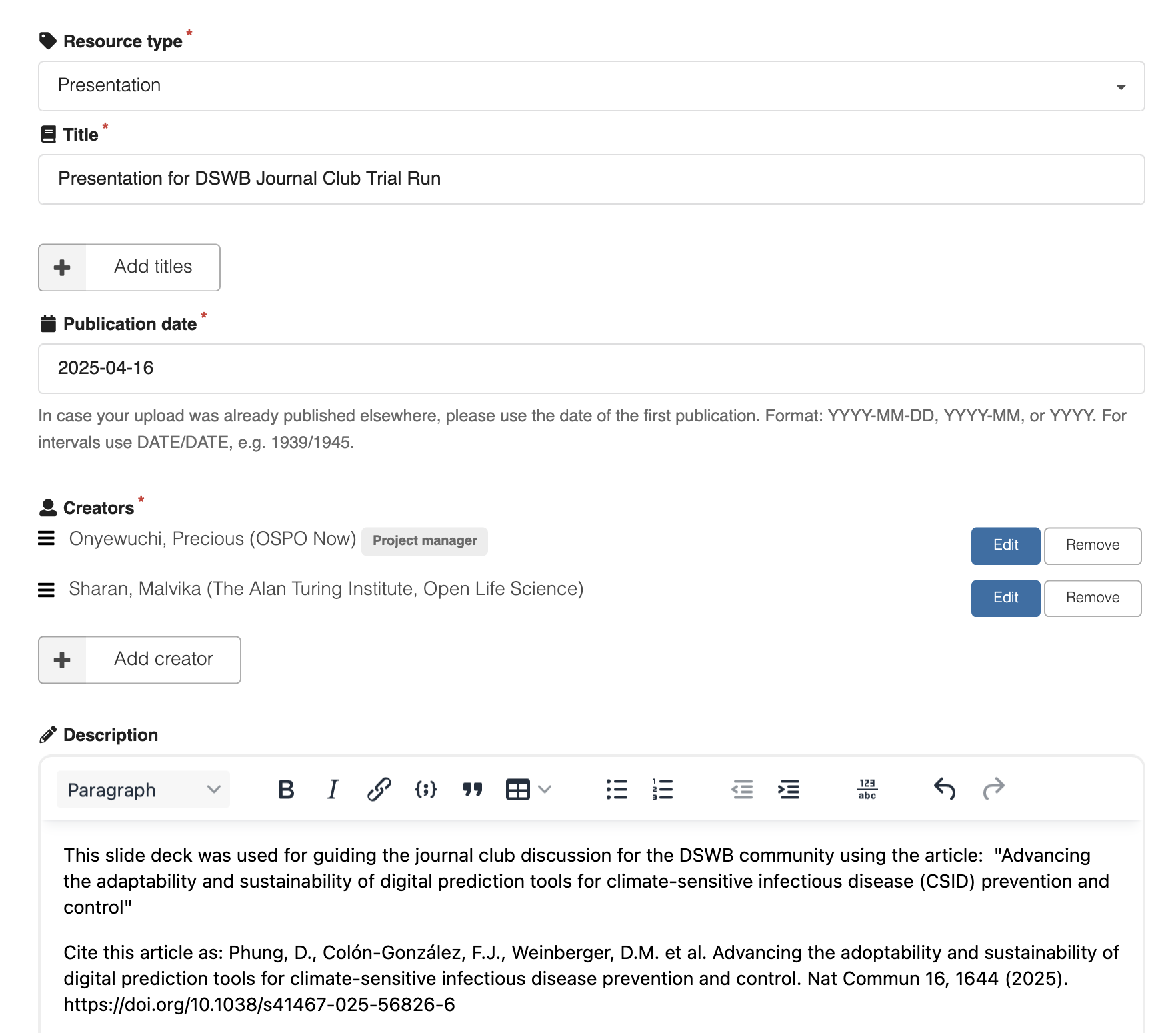 screenshot of metadata