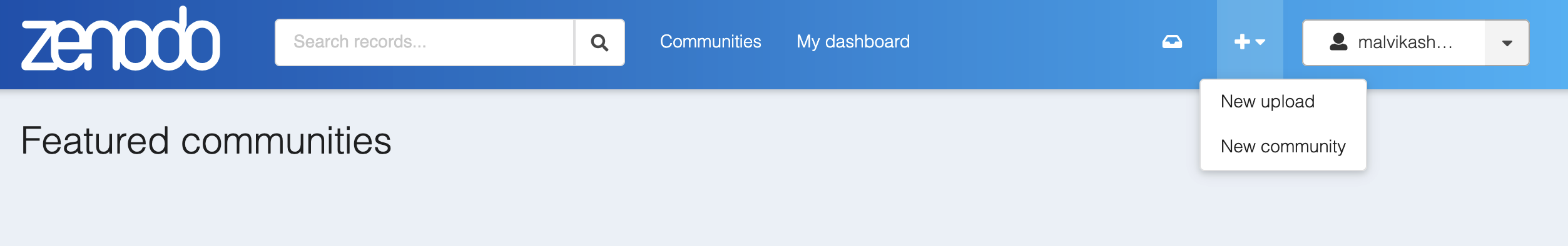 screenshot of zenodo showing upload option