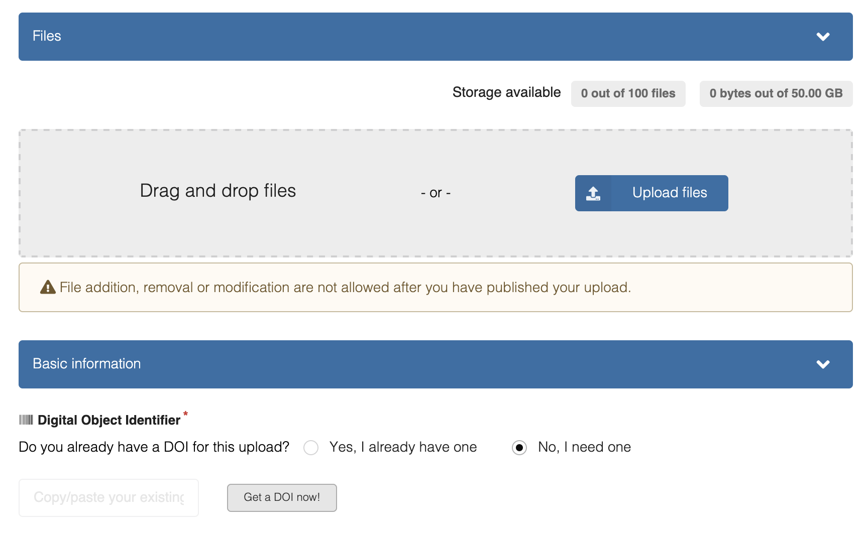 screenshot of panel showing link for securing DOI